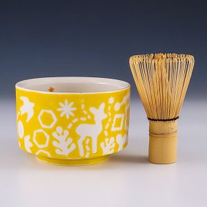 Masa Sasaki's Yellow Matcha Bowl with Deer Motif (with Bamboo Wisk) #mm8msas04